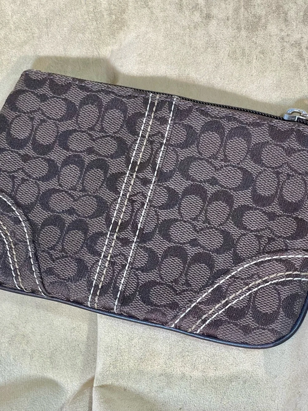 Coach Brown Signature Canvas Wristlet with Contrast Stitching